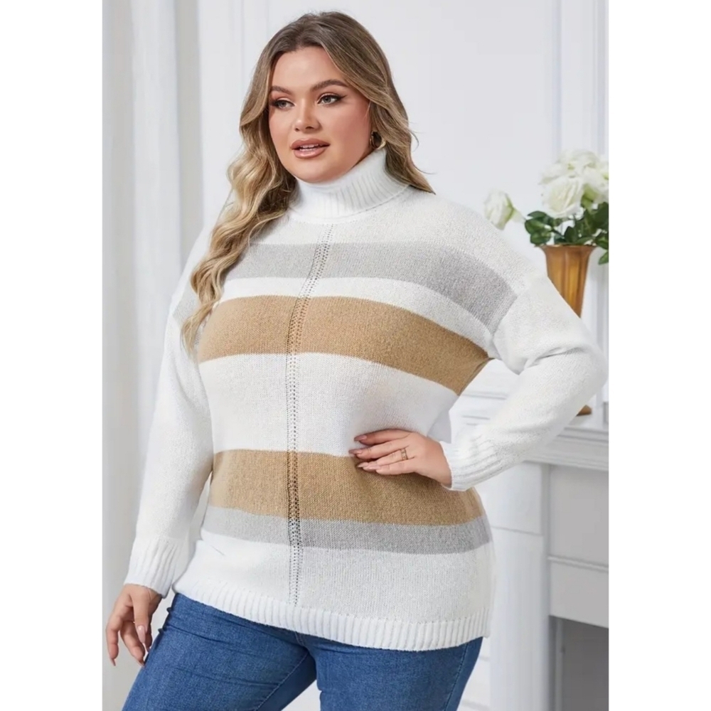 Cowlneck Cozy Striped Sweater Cream Size 2X